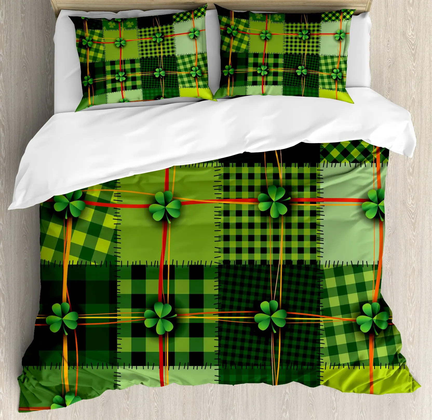 

St. Patrick's Day Duvet Cover Lucky Shamrocks Pattern Irish Clover Celebration Day Party Prints Room Decorative Green and Orange