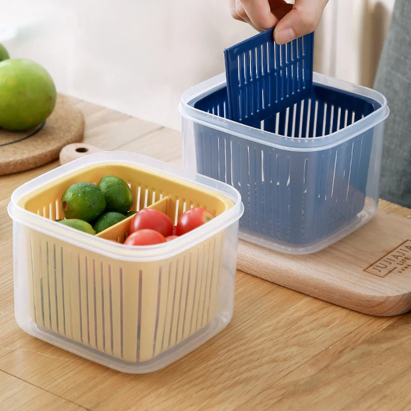 2 in 1 Adjustable Kitchen Drain Fresh Keeping Basket Divided Fruit Vegetable Green Onion Crisper Organizer Box Gadget