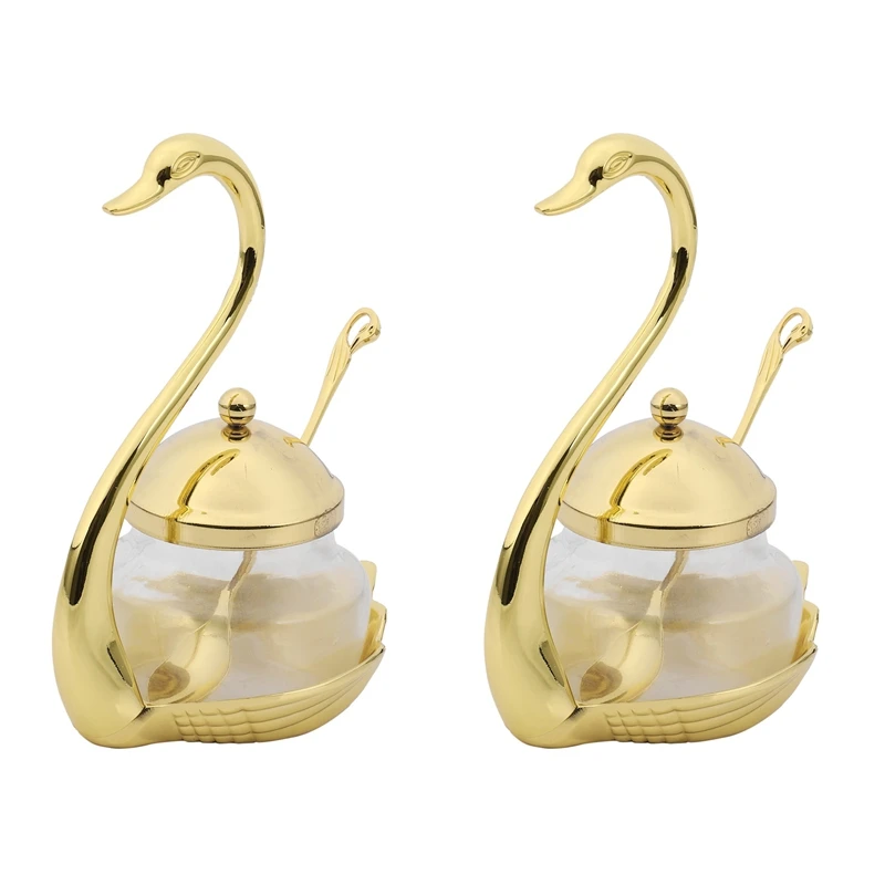 

2X Aluminum Alloy Condiment Pot Seasoning Container Coffee Storage Organizer Swan Rack Set Gold