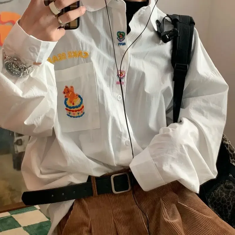 Женская винтажная рубашка с длинным рукавом белая блузка оверсайз в японском