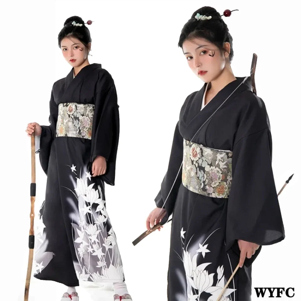 

Spring And Summer Black Handsome Neutral Women Clothing Japanese Style Leaf Pattern Big Sleeves Robe Dress Kimono Girdle Bow Set