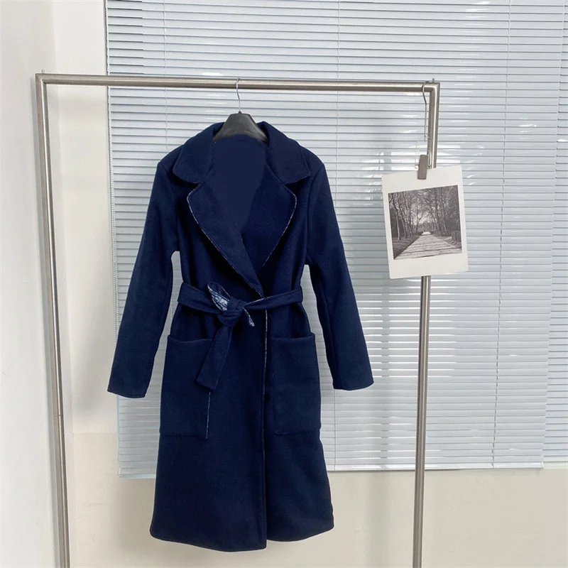 

Women Long Wool&Blends Thick Soft Fabric England Streetwear Style Slim Elegant Beauty with Belts and Pockets Double-faced Winter