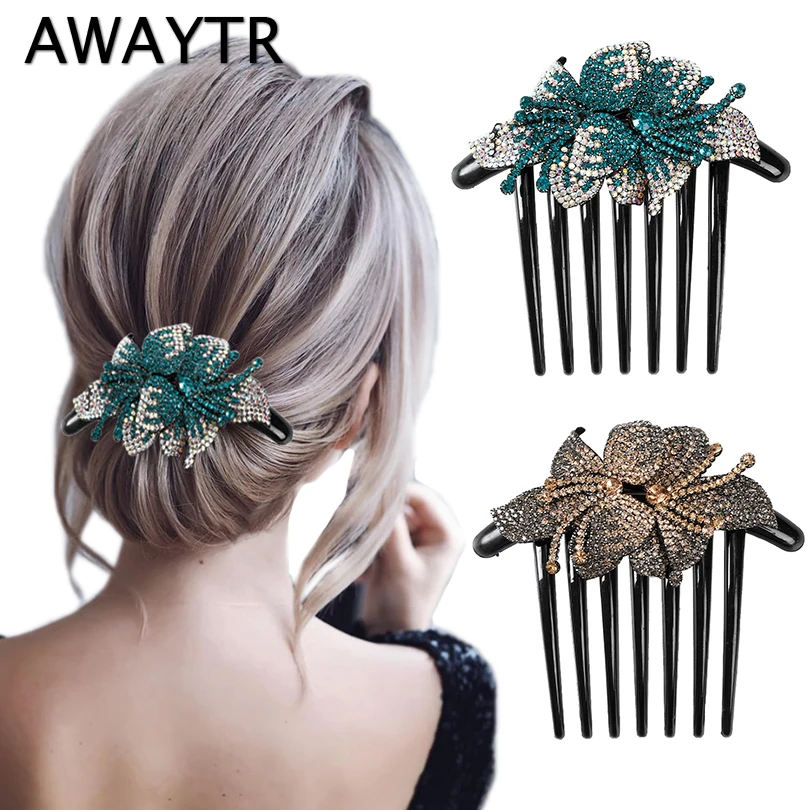 

AWAYTR Crystal Flower Hair Combs Rhinestone Hair Braider Hairpin Hair Updo Bun Hair Clip Holding Tool Ponytail Hair Accessories