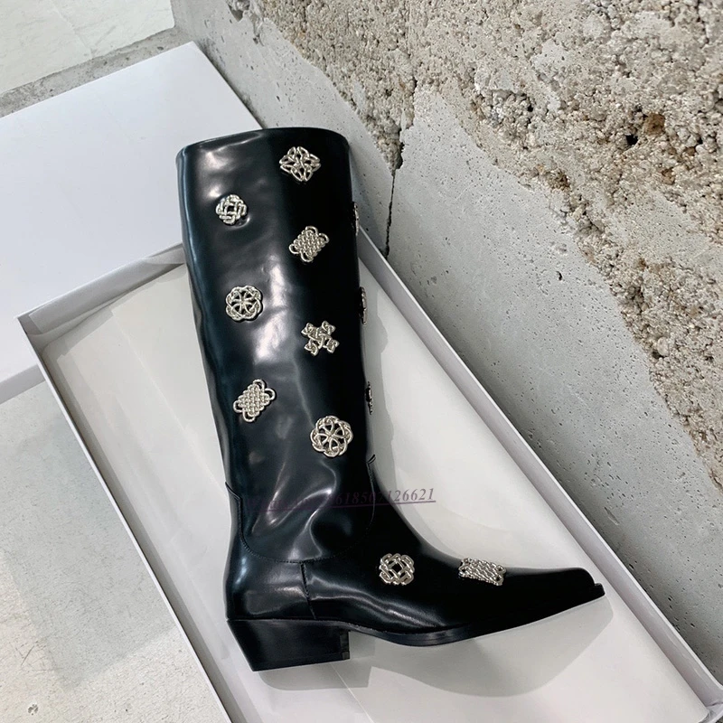 Black Metal Decorative Low Heel Boots Chunky Heel Rider Boots Women's New All-match Long Boots