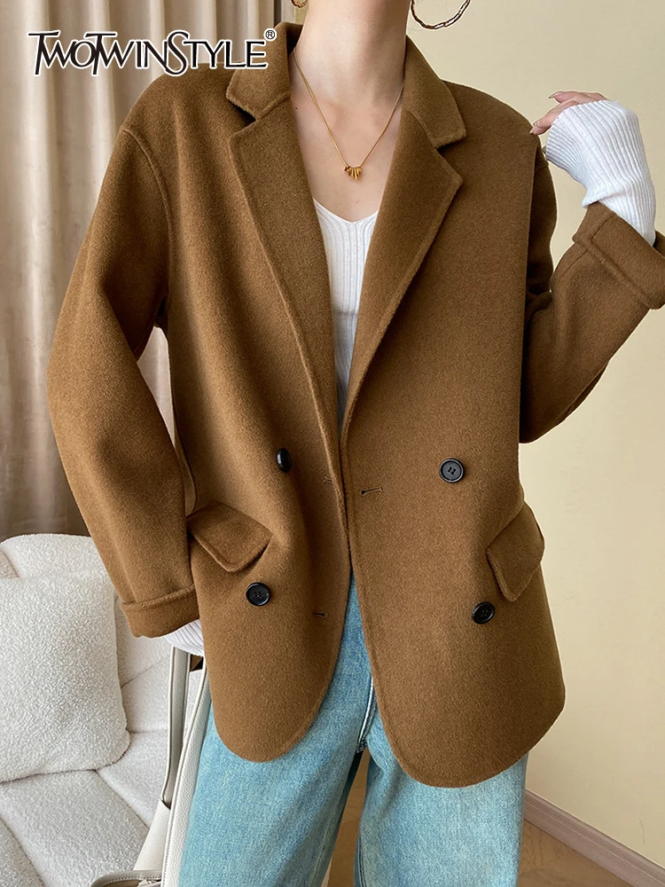 

TWOTWINSTYLE Temperament Casual Blazers For Women Notched Collar Long Sleeve Patchwork Double Breasted Chic Blazer Female Style