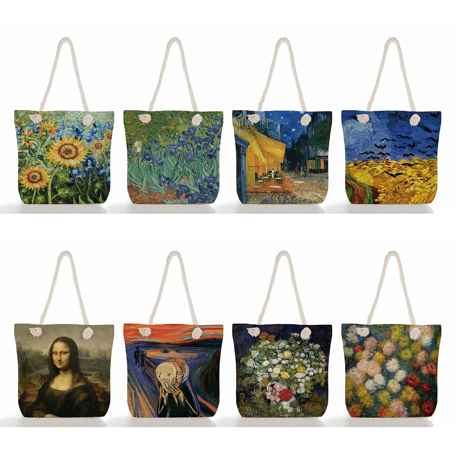 

Customized Logo Picture New Van Gogh Oil Painting Print Travel Beach Bags Handbag Thick Rope Tote High Quality Reusable Foldable