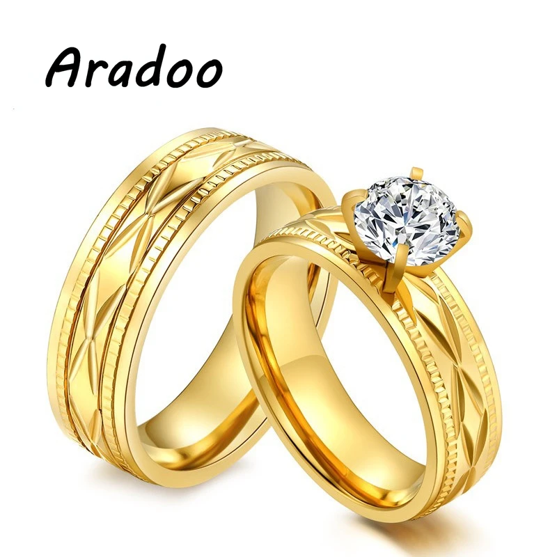 

ARADOO Light Luxury Retro Classic Micro-set Zircon Titanium Steel Plated 18K Gold Couple Ring
