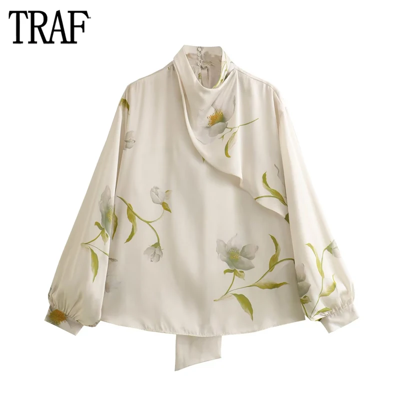 

TRAF 2023 Women's Blouses Floral Satin Blouse Female Tied Turtleneck Shirts and Blouses for Women Long Sleeve Boho Top Women
