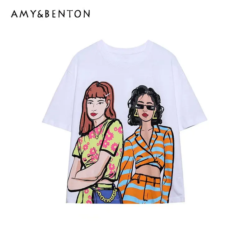 

Женская футболка с круглым вырезом и коротким рукавом, белая простая Универсальная футболка с принтом, лето 2023