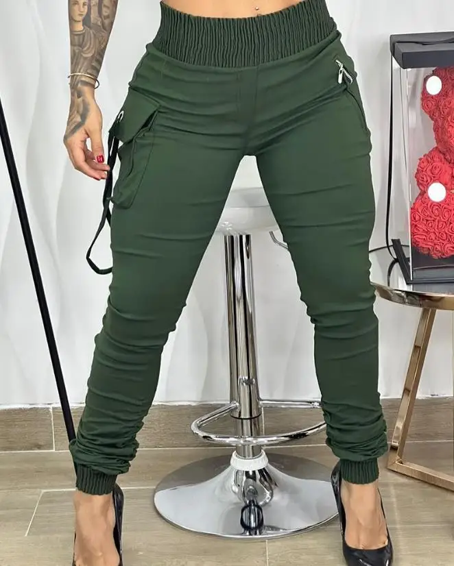 trousers ladies 2023 Band Decor Pocket Design Casual Plain Lady Long Cargo Pants for Women Summer 2023 All-Match Streetwear