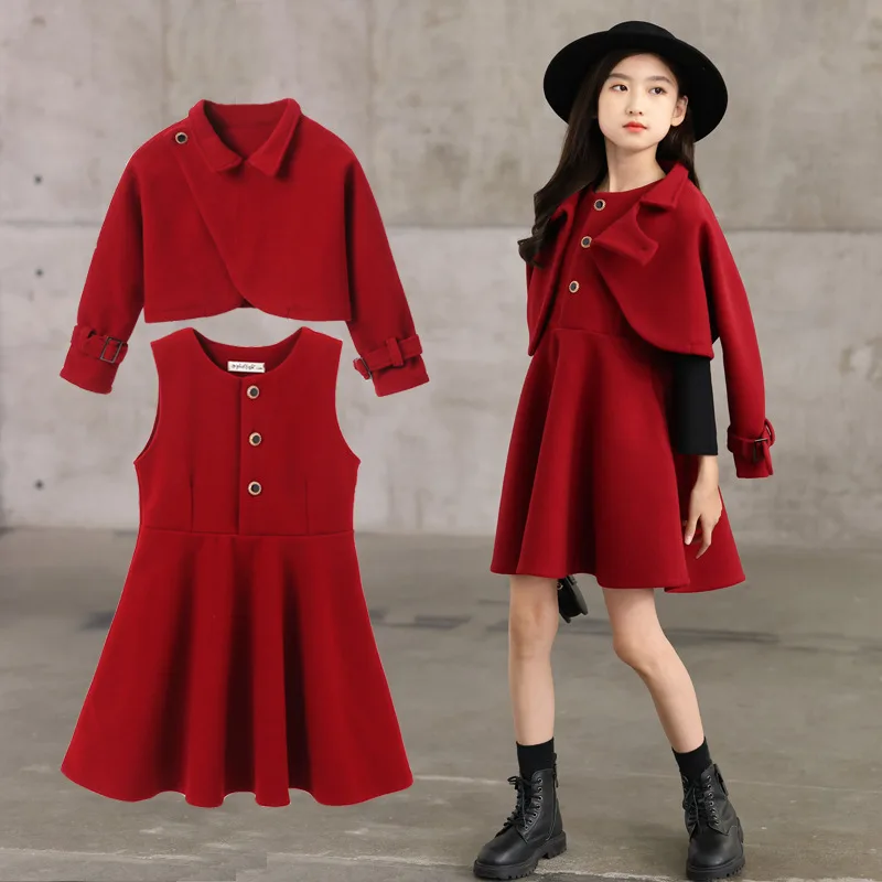 Купи Girls Dress Sets Winter Christmas Red Woolen Cloak Coat Vest Dress Two-piece Kids Outfits New Years 10 12 Years Children Clothes за 2,010 рублей в магазине AliExpress