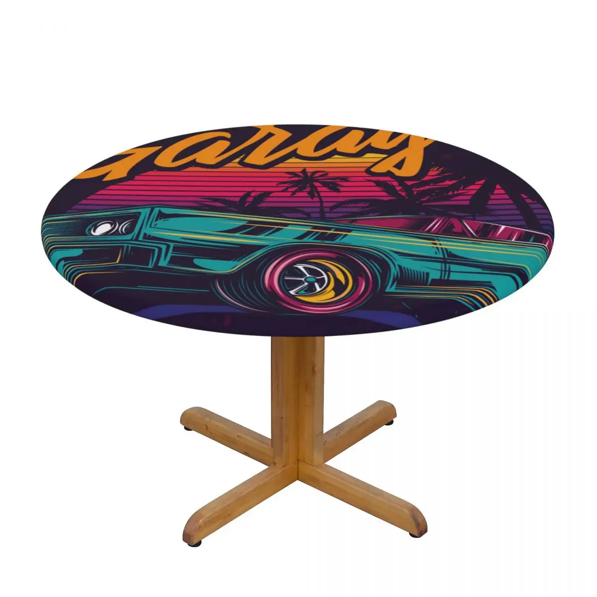 

American Muscle Car In Retro Neon Style Waterproof Polyester Round Tablecloth Catering Fitted Table Cover with Elastic Edged