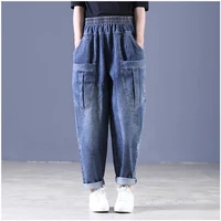 women baggy jeans arts style vintage high waist loose jeans casual washed all match denim pants blue harem trousers