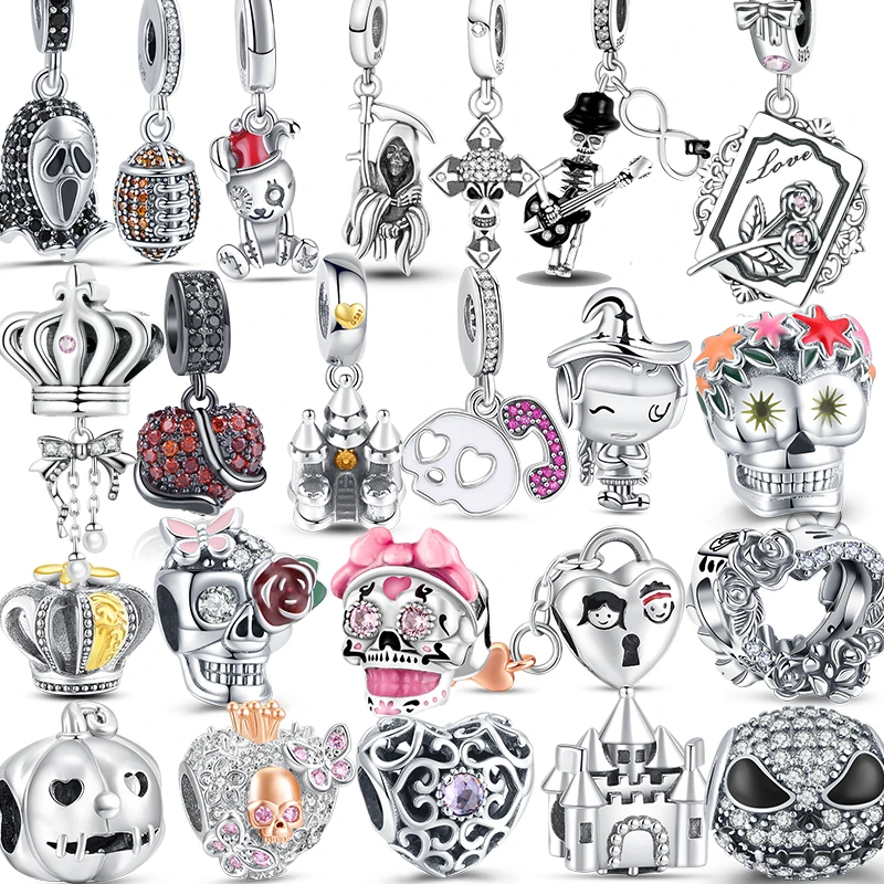 2022 New 925 Silver Charms Dangle Zircon Pave Heart Crown Skull Fit Original Pandora Jewelry Bracelet For Women Making Gifts