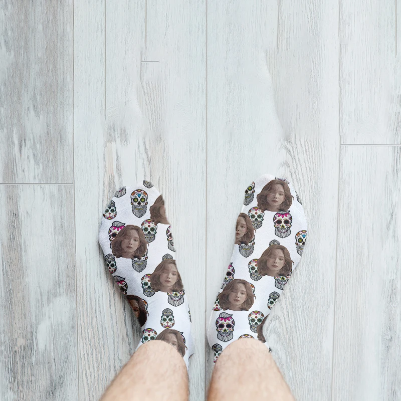 Custom Skull Socks with Faces Funny Printed Photo Pet Socks Personalized Picture Punk Crew Socks Unisex Gift for Men Women