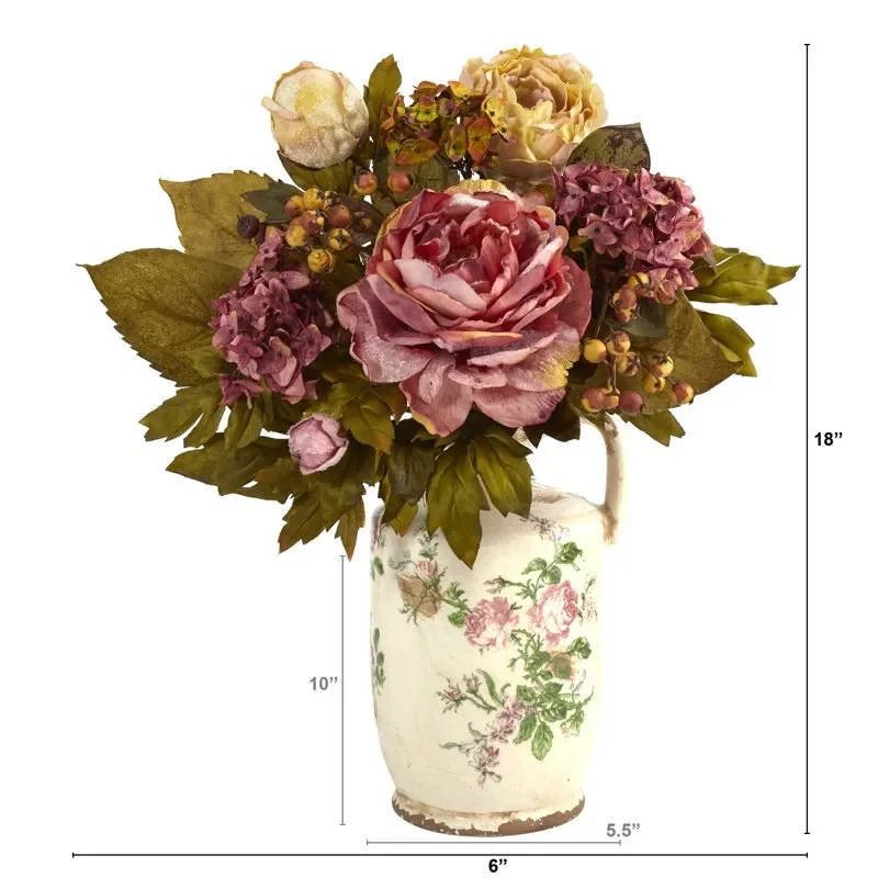 

Lovely Pink Peony Artificial Floral Arrangement in a Charming Pitcher Decoration for Home Office Living Room Tabletop