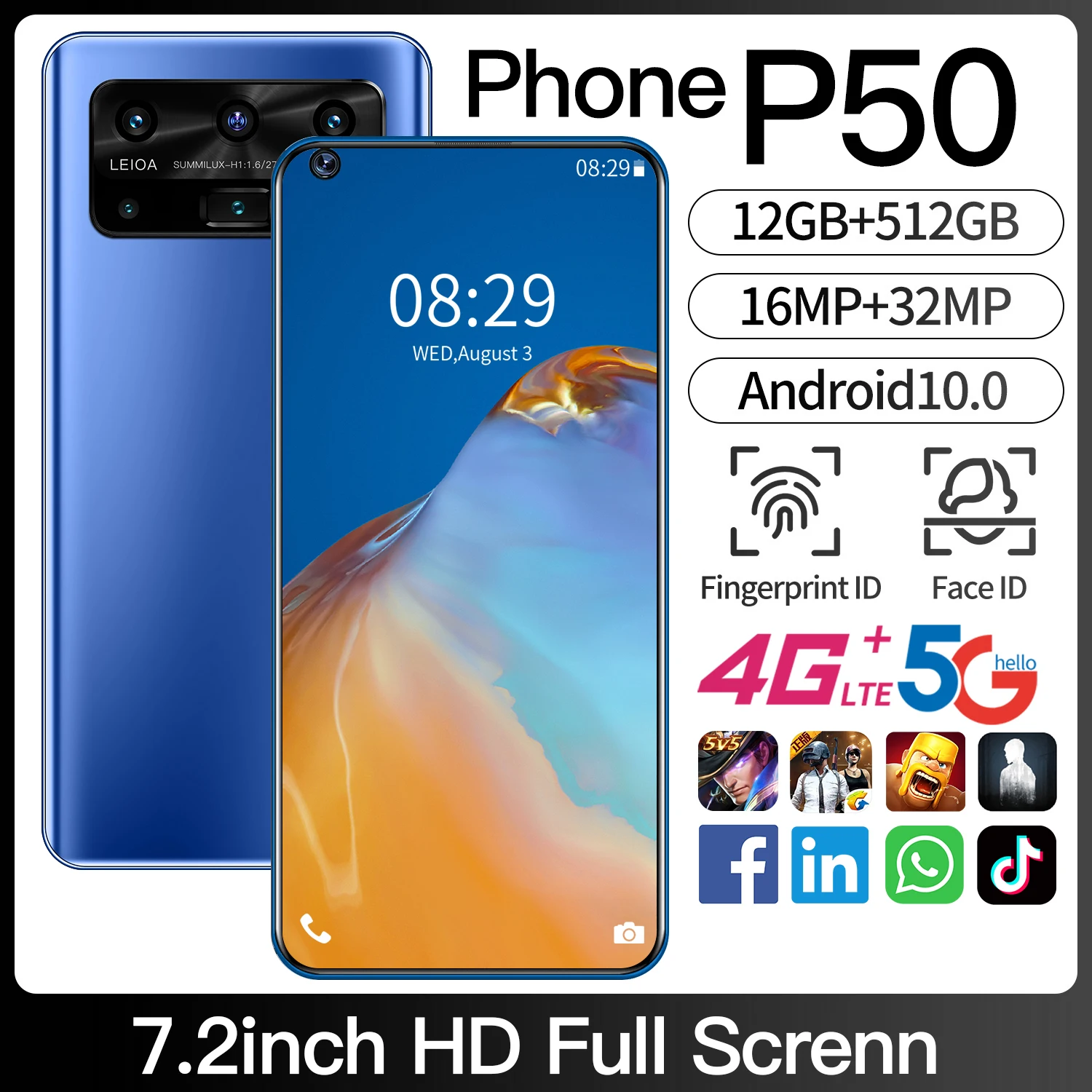 

Смартфон P50, 2022 дюйма, 12 + 7,2 ГБ, 16 + 32 Мп, Android 512