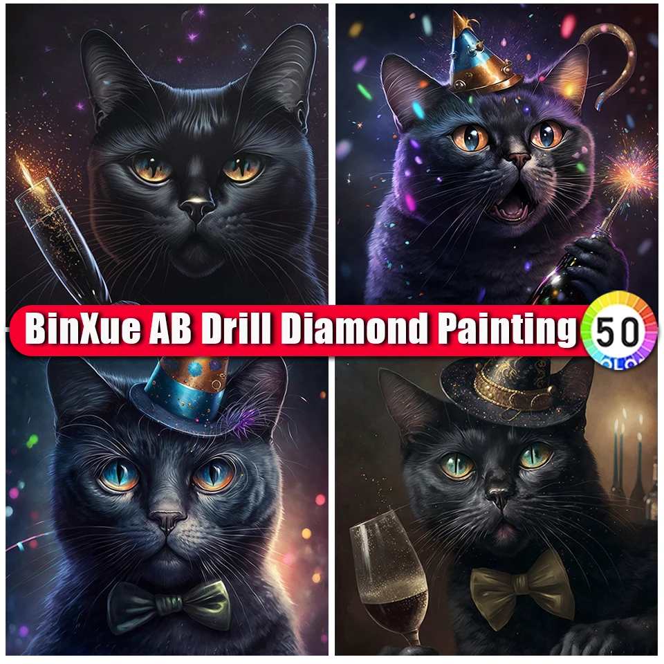

Набор для алмазной живописи BinXue с изображением черного кота AB, картина на день рождения с бантом и узлом, ручная работа, вышивка крестиком, бокал для вина, фейерверк, мозаика из страз