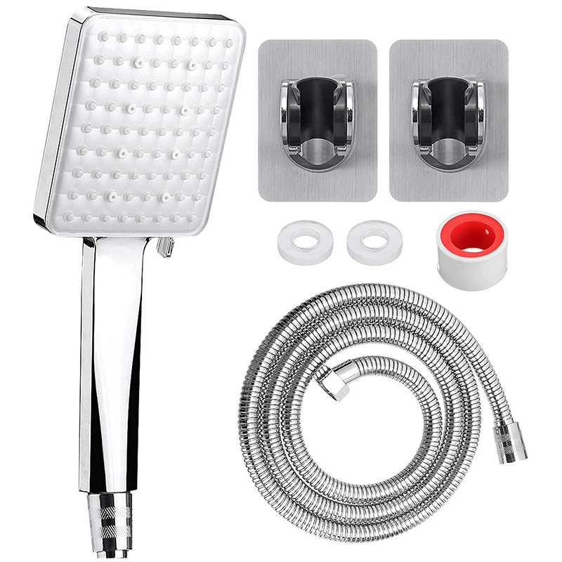 

Shower Head Square With 1.5 M Stainless Steel Hose Large Shower Head With 2 Hand Shower Holder Shower Head 6 Jet Types