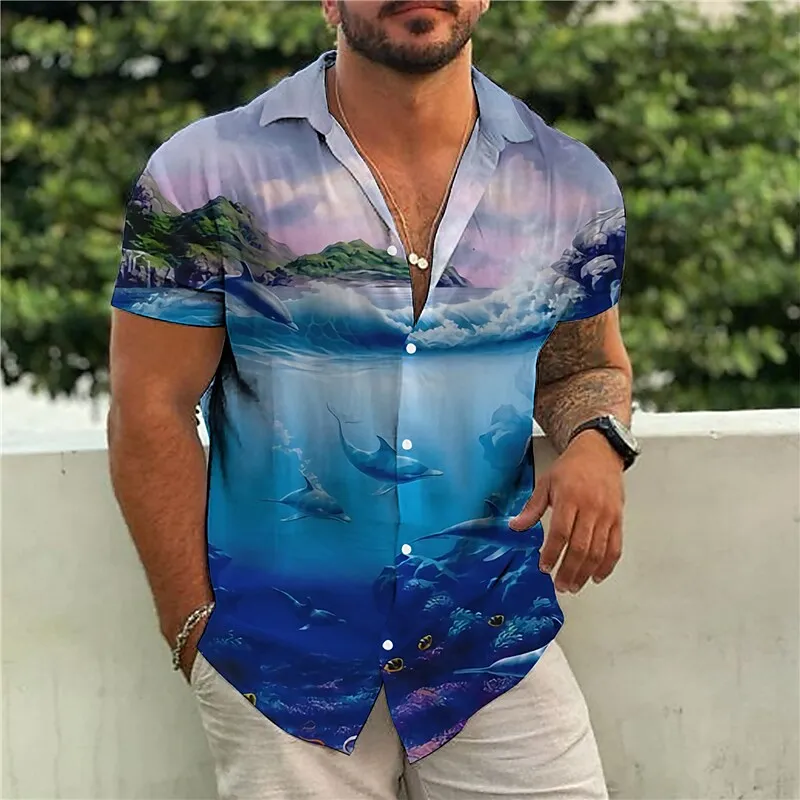 

Men's Shirt Summer Hawaiian Shirt Graphic Prints Dolphin Marine Life Turndown Royal Holiday Short Sleeve Print Clothing