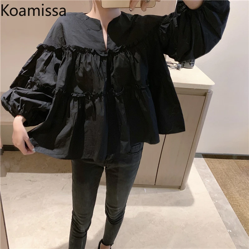 

Женская блузка с длинным рукавом Koamissa, шикарная Свободная рубашка в Корейском стиле с оборками, укороченный топ на весну и осень, 2022