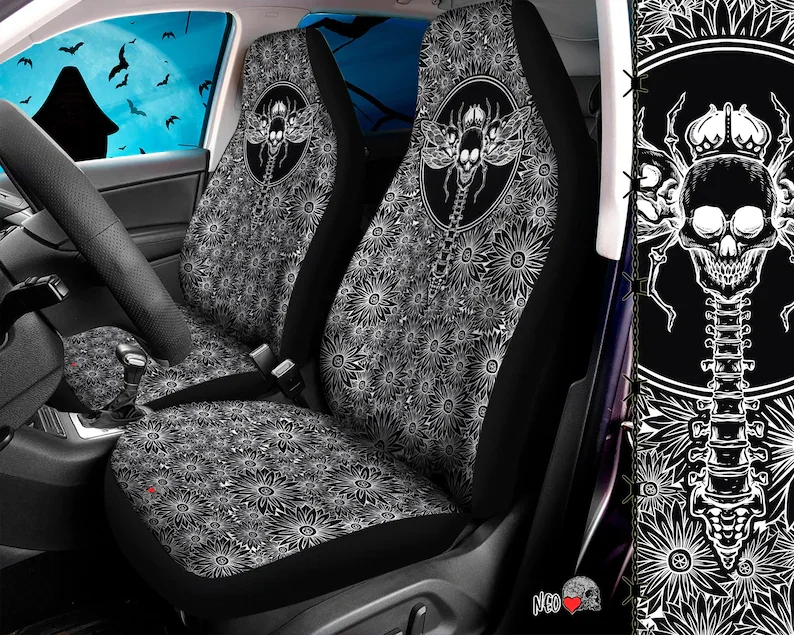

Floral Dragonfly Skull Car Seat Covers - Set of 2, Universal Fit Seat Protectors, gothic car accessory, For SUV and Car Bucket S