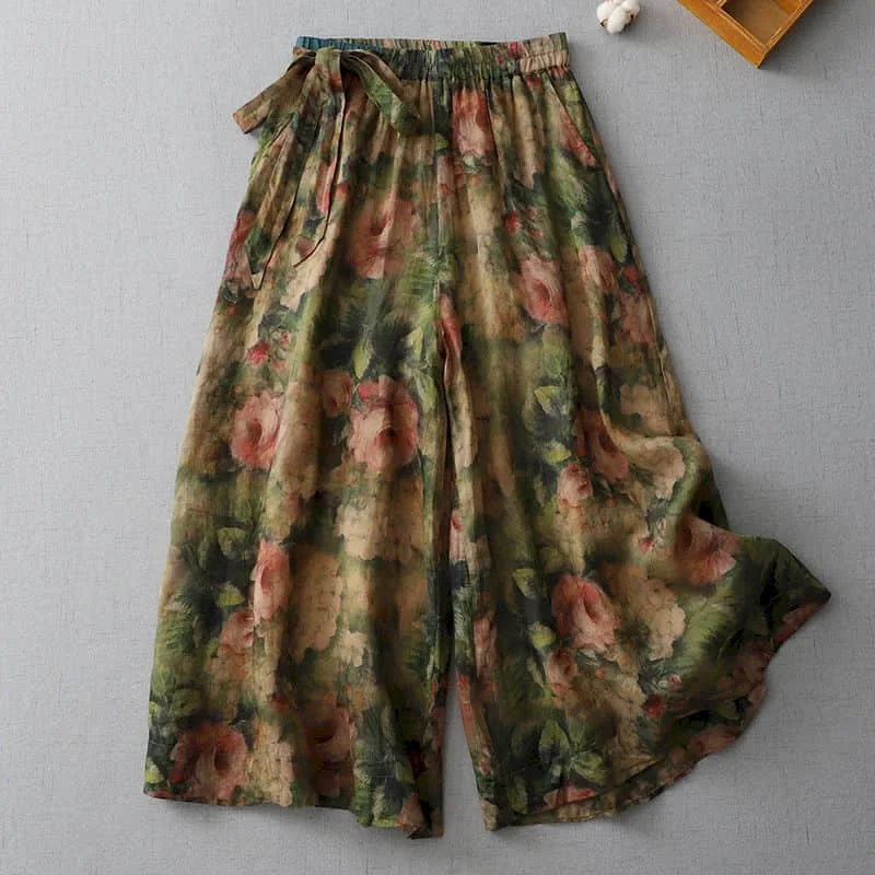 Брюки из хлопка и льна с принтом Свободные повседневные винтажные модные штаны в