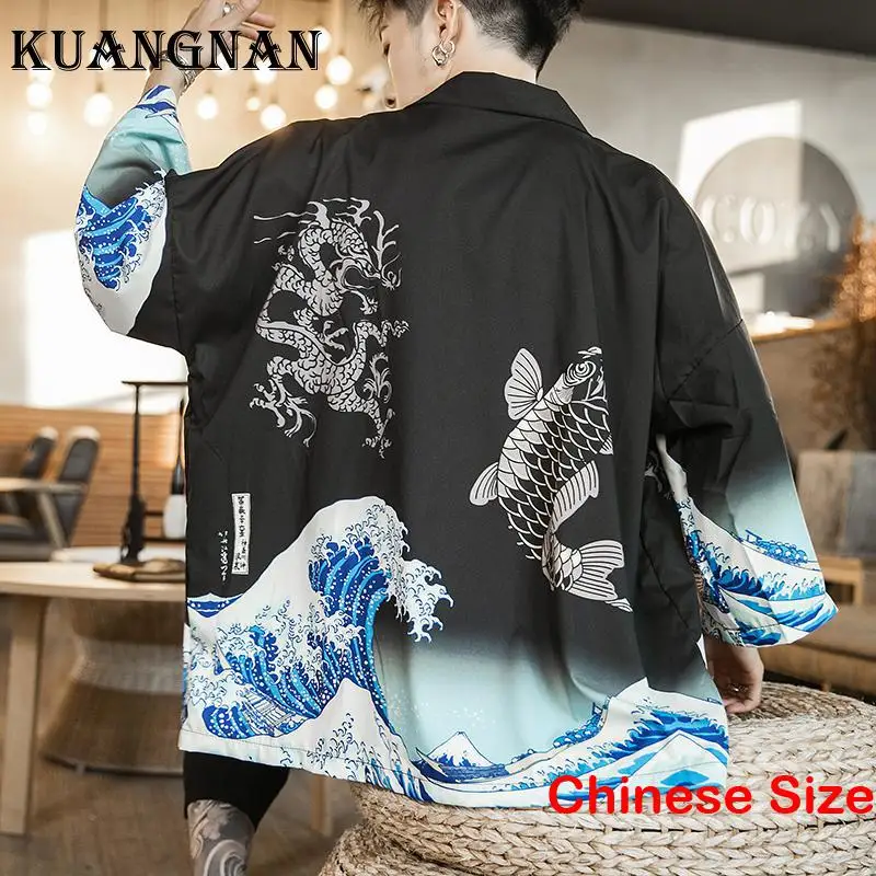 

KUANGNAN, одежда в Корейском стиле с принтом карпа, мужская одежда в японском стиле, рубашка, кардиган, японское кимоно, хаори 5XL, лето 2023