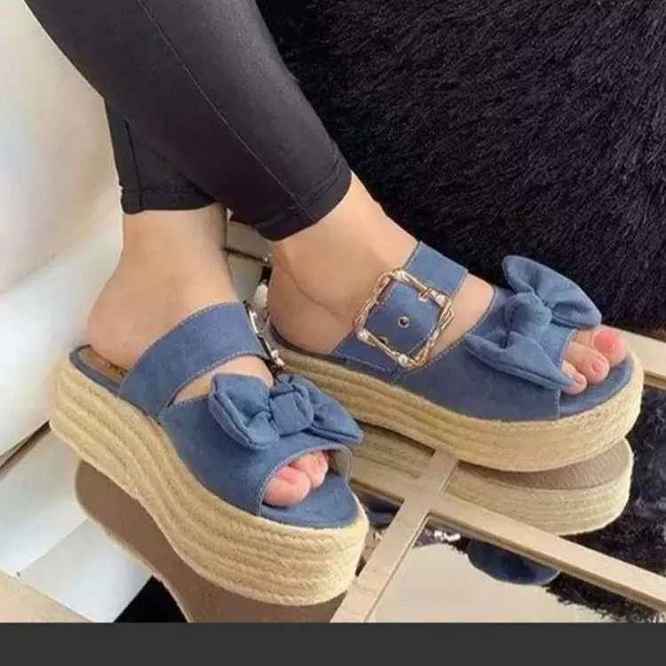 

Summer 2022 Girls Sandals Buckle Platform Knitted Big Bow Slippers Wedge Shoes Women Platform Sandals Zapatos De Mujer Buckle