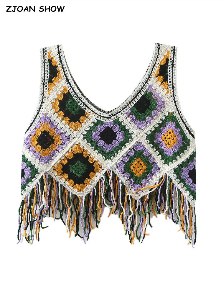 

2022 BOHO Handmade Hollow Out Crochet Tassel Camisole Holiday Women V neck Colored Plaid Fringed Knitted Tank Corset Crop Top