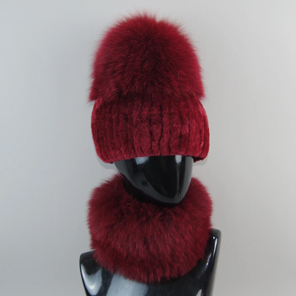 Новый стиль теплые вязаные шарфы из натурального лисьего меха шапки 2 предметов