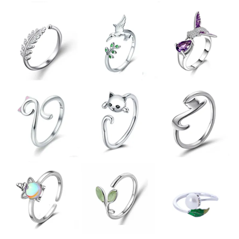 Изысканные Регулируемые кольца из серебра 925 пробы с животными, очаровательными перьями, птичьими котами, прозрачными фианитами, женские кольца для свадебной вечеринки, Изящные Ювелирные изделия в подарок