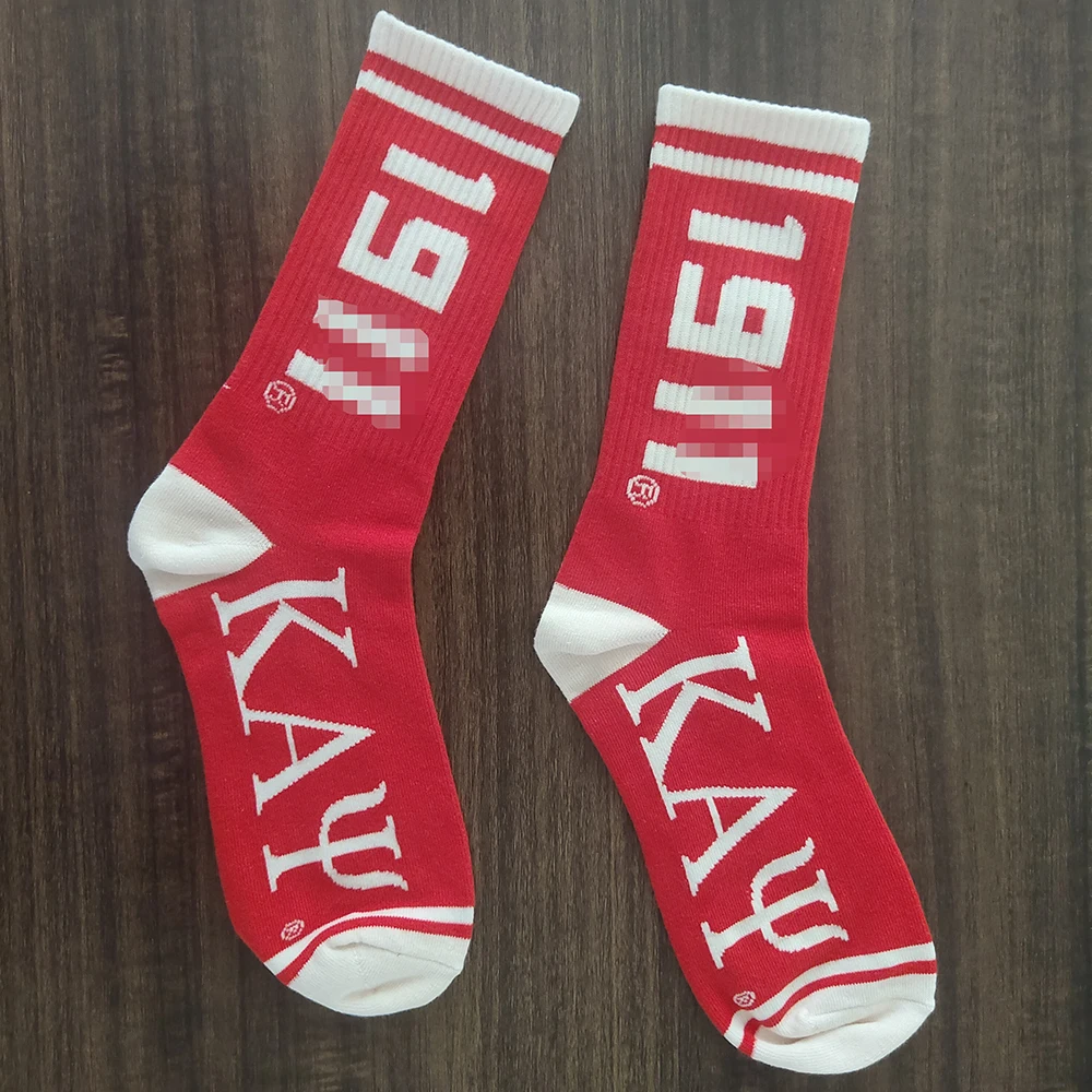 

Greek Kay Fraternity Red White Custom Logo Embroidered Men's Football Sports Soccer Socks Diy Cotton Athletic Socks Custom