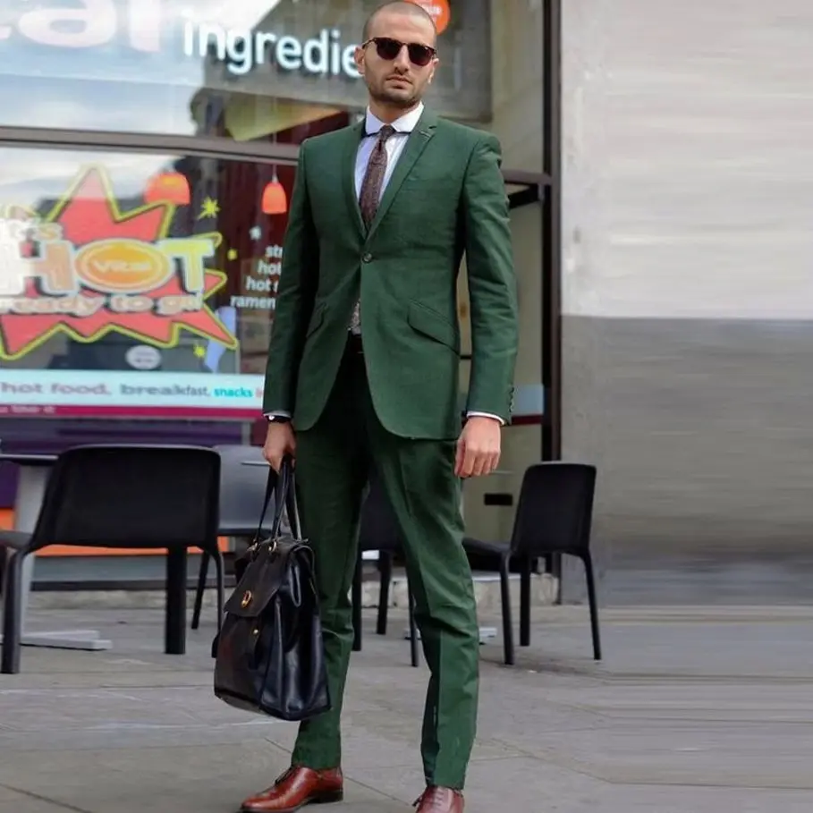 

Fashion Green Slim Fit Mens Tuxedos One Buttons Business Blazer Custom Made Suit Two Pieces Party Clothing (Jacket+Pants)