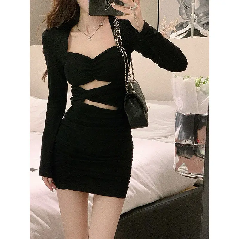 

HOUZHOU Sexy Gyaru Bodycon Black Party Dress Women Wrap Corset Korean Fashion Long Sleeve Night Club Dresses Skims Streetwear