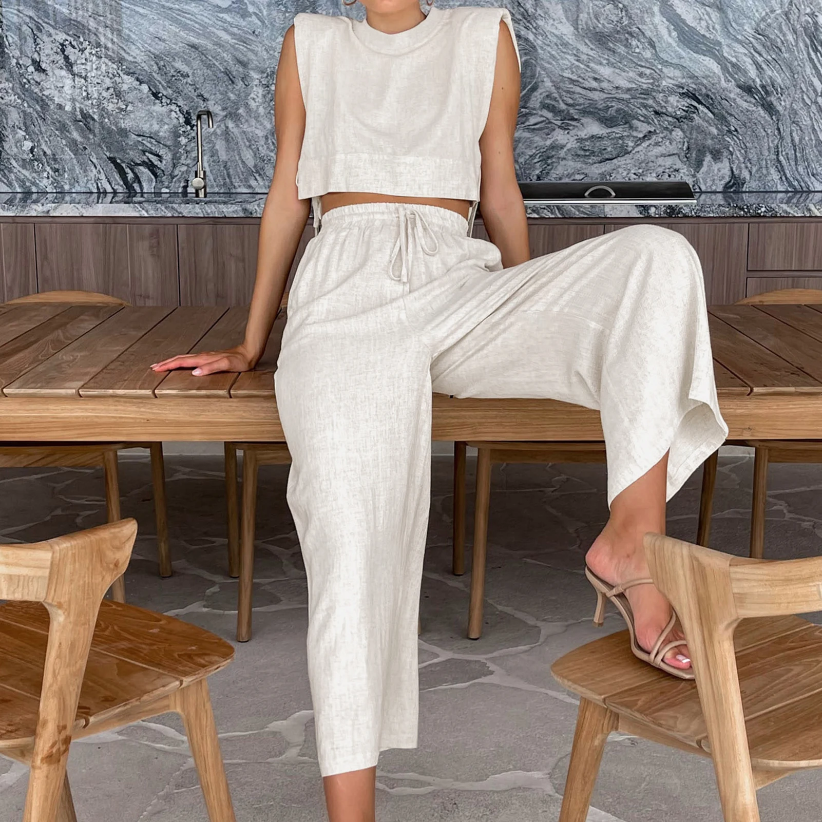 

Women Cotton Linen Suits 2023 Elegant Sleeveless Wide Leg Trousers Two Piece Set Female Casual Straight Pants Suits Tracksuit