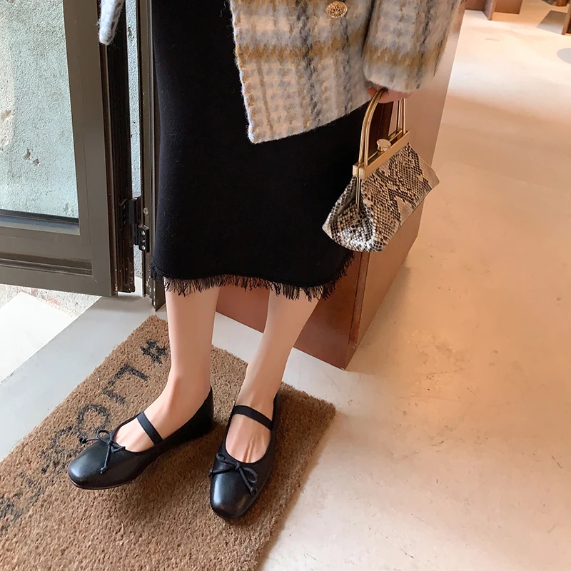 Ballet Shoes Girls Luxury Genuine Leather Flats Women Soft Comfortable Elastic Band Bow Decorate Dance Casual Dress Footwear