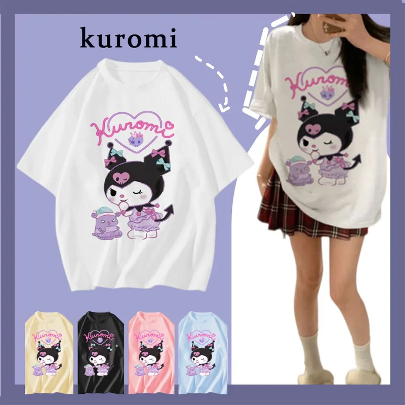 

Kawaii Sanrio Kuromi Short Sleeve Girl Cartoon Animation Loose Round Neck Breathable Cotton Material Shopping Oversize T shirt