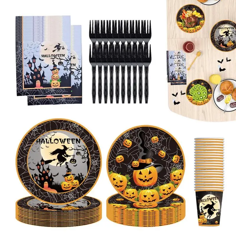 

100pcs Halloween Reception Plate Set Paper Cups Paper Towels Multi-Use Halloween Dinnerware Tableware Sets For Party Birthday