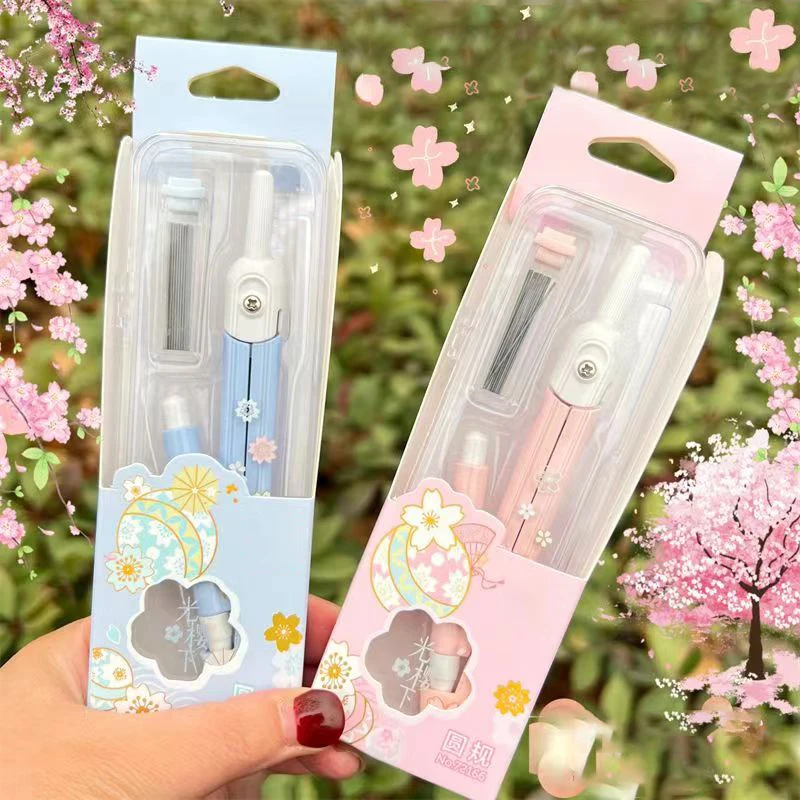 

1set Sakura Series Metal Compasses with Lead Refills Student Math Geometry Drawing Tool Kawaii Stationery Set for School Office