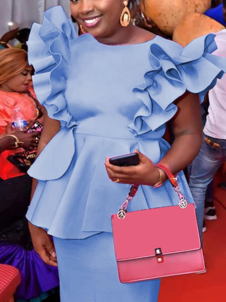 

Women Blue Peplum Dress O Neck Bodycon Slim Ruffles High Waist Midi Length Cocktail Evening Party Christmas Lady Winter New 2022