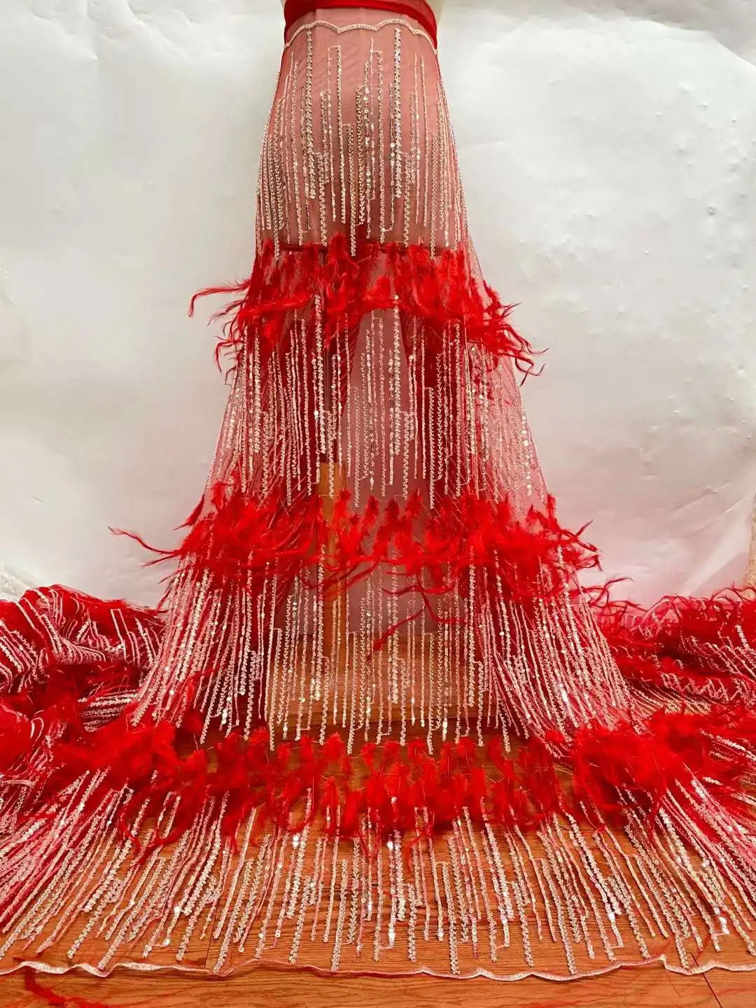 

African Lace Fabric 2022 High Quality 3D Lace Sequins Groom French Net Lace Nigerian Tulle Fabrics Lace Feather Wedding Fabrics