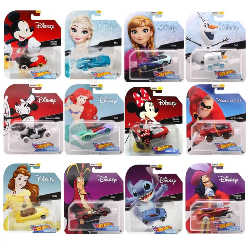Hot Wheels Disney Character Cars Mickey Minnie Mouse Ariel Anna Elsa Captain Hook Timon Pluto Belle 1:64 Scale Car Toy GCK28