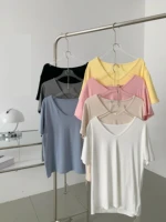 casual v neck short sleeve t shirt for women summer chic solid color loose t shirt lady basic tee top