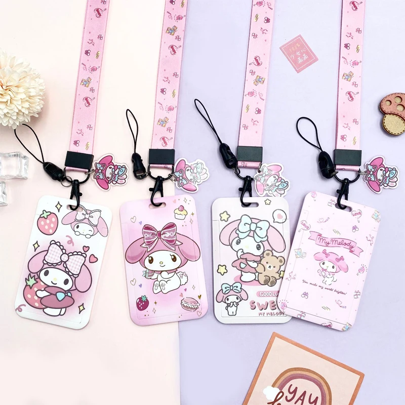 

Pink My Melody ID Badge Holder Neck Strap Pendant Subway Door Card Holders Lanyards Girls Student Lanyard Credential Holder