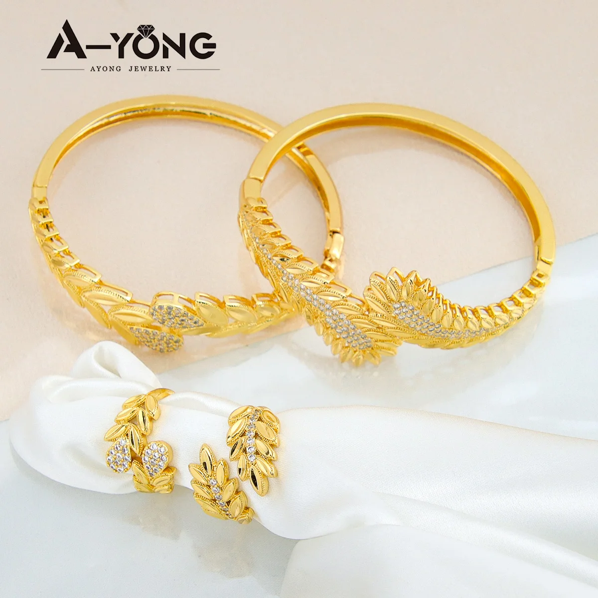 

AYONG Middle East Gold Bracelet Ring Set 21k Gold Plated Dubai Luxury Cuff Bangle Set Women Vintage Wedding Birthday Party Gifts