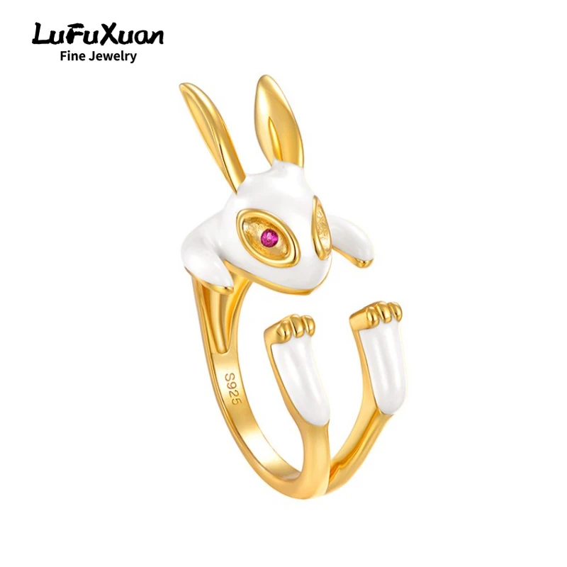 

LuFuXuan Sterling Silver S925 Inlaid Zircon Low Temperature Enamel Rabbit Personalized Open Ring Birthday and Holiday Gift