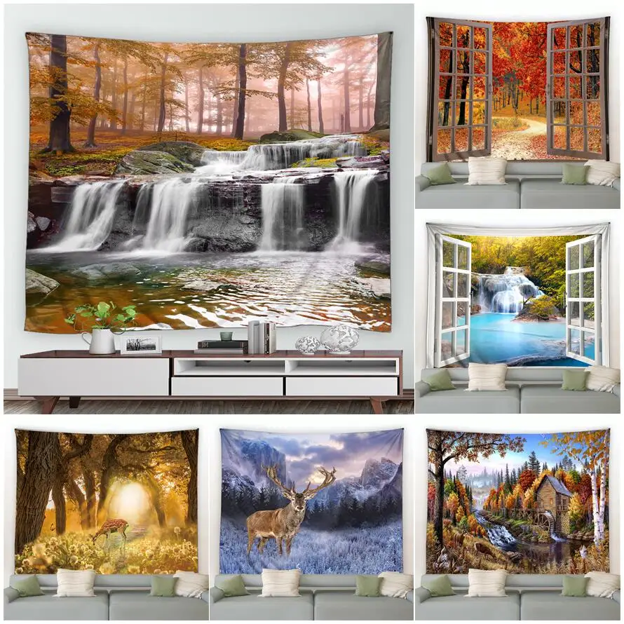 

Autumn Forest Waterfall Landscape Tapestry Red Maple Deer Wild Elk Farm Scenery Home Garden Decoration Wall Hanging