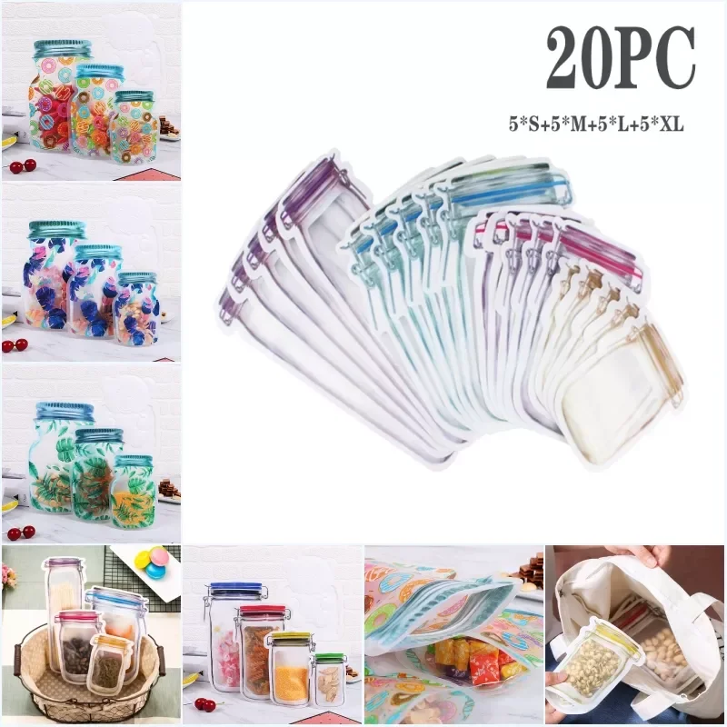 

Mason Jar Bottles Nuts Cookies Zipper Seal Food Storage Bags Snacks Kitchen Freezer Organizer Portable Travel Ziplock