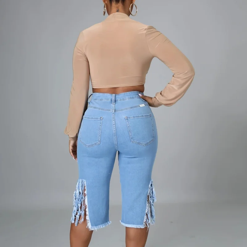 Sexy Women Jeans Hole Ripped Tassle Low Waist Elastic Flare Knee Length Denim Pants indie Fashion High Street Trousers 2023